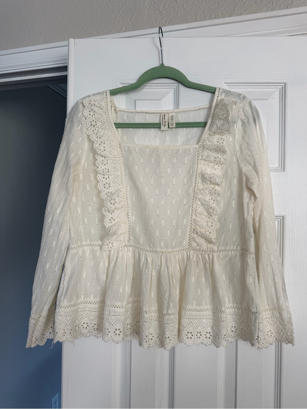 Boho Ivory Eyelet Square-Neck Peasant Blouse